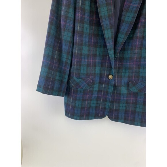 BOGO Alfred Dunner Plaid Wool Blazer One Button Shoulder Pad Green Navy Women 14 - Picture 2 of 10